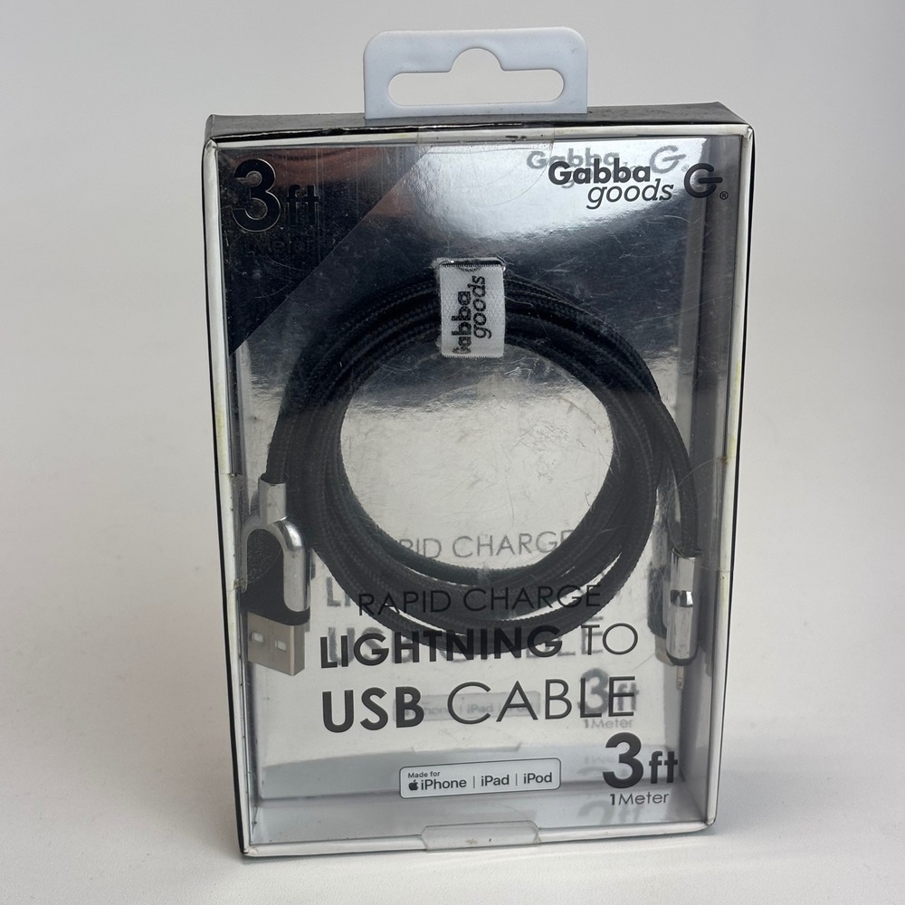 Gabba Goods Lightning to USB Cable 3ft Black Braided Rapid Charge Sync
